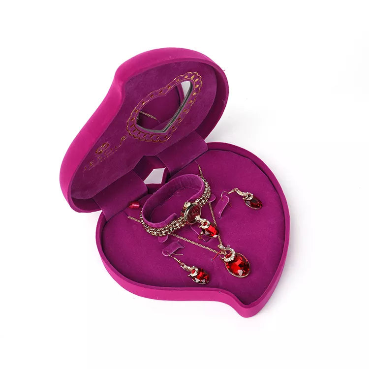 Romantische Dames Geschenkset Rood 4-Delig met Jesou Horloge Armband Halsketting Oorbellen in een Rood Hart met Spiegel