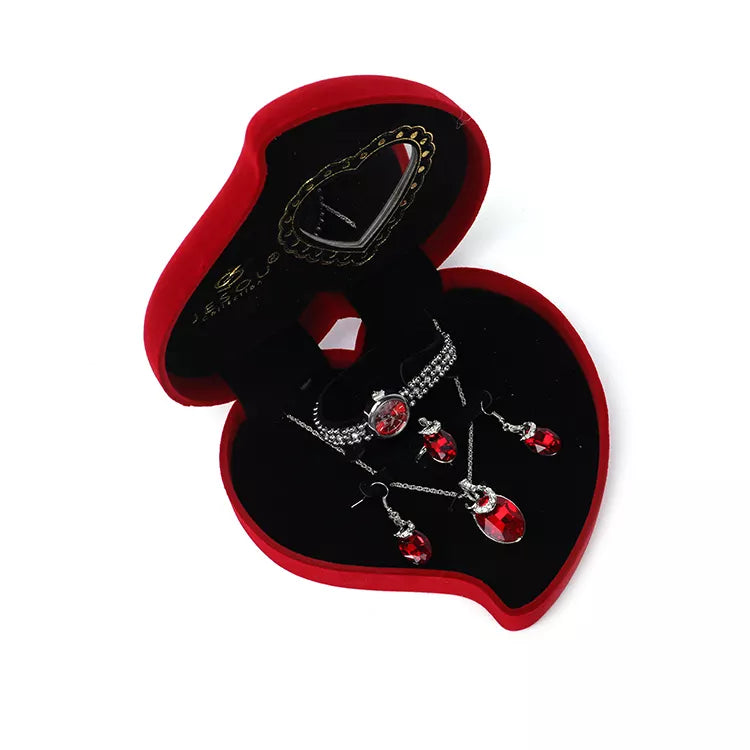 Romantische Dames Geschenkset Rood 4-Delig met Jesou Horloge Armband Halsketting Oorbellen in een Rood Hart met Spiegel
