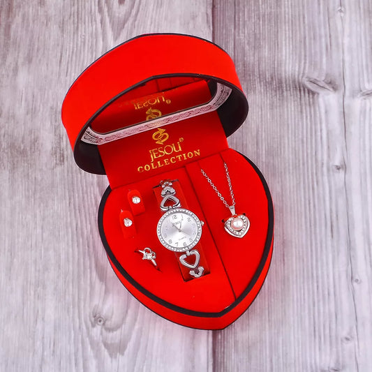 Sieraden Set dames 4-Delig Zilverkleurig Stainless Steel In Hartvormig Juweliersbox Met Horloge Halsketting Armband en Oorbellen van Jesou
