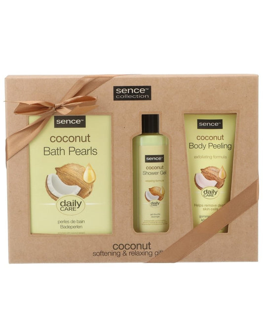 Dames Verzorging Geschenkset 3 Delig met Sence Badparels Lichaamspeeling en Douchegel Geur Coconut  in Geschenkverpakking