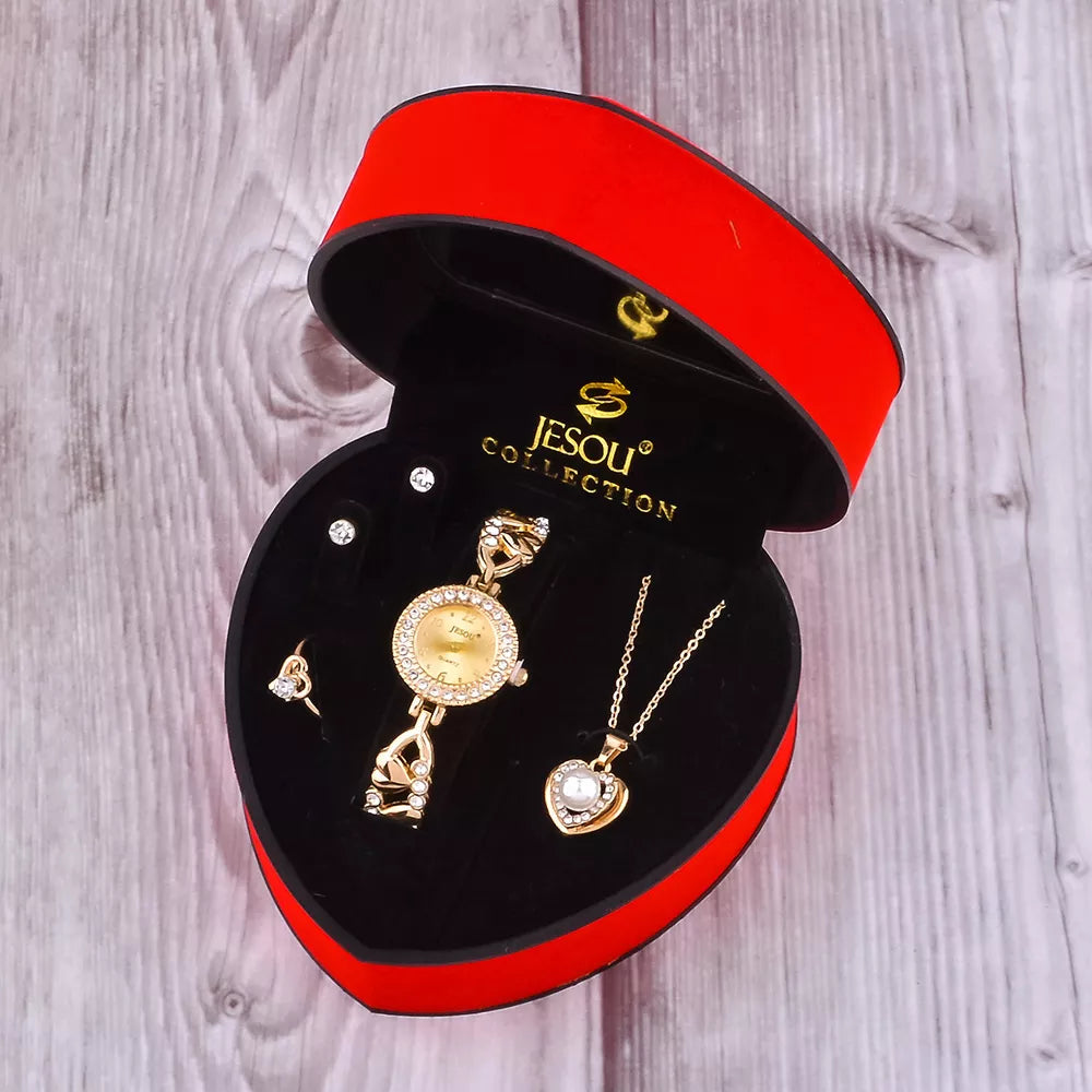 Dames Sieraden geschenkset 4-Delig Goudkleurig Stainless Steel In Hartvormig Juweliersbox Met Horloge Halsketting Armband en Oorbellen van Jesou